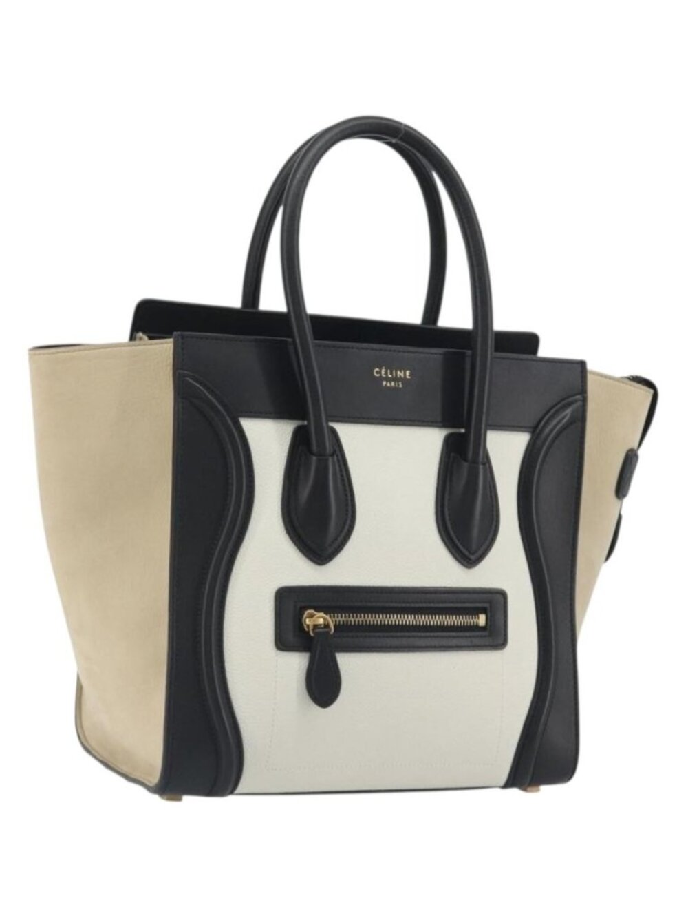 CELINE Luggage Micro Shopper Hand Bag Leather White Gold